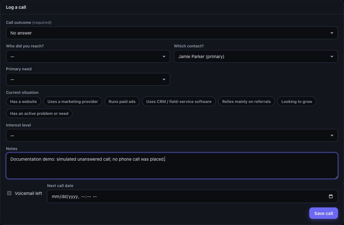 Log a call form with a simulated No answer outcome and sample notes.