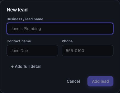 The empty New lead form showing business or lead name, contact name, phone, and the Add full detail option.