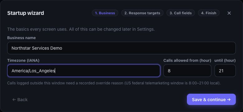 The Business step of the Startup wizard in an example workspace.