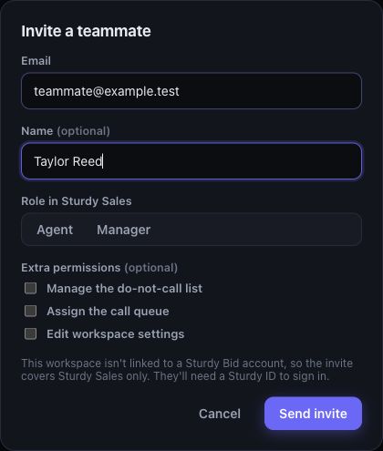 Invite a teammate form with a sample Agent and optional permissions.