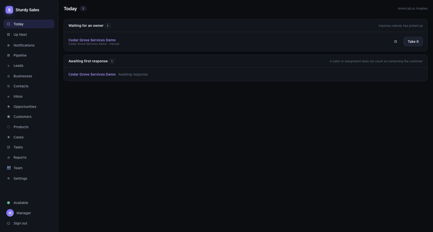 Today in an example workspace, showing a lead waiting for an owner and a first response.